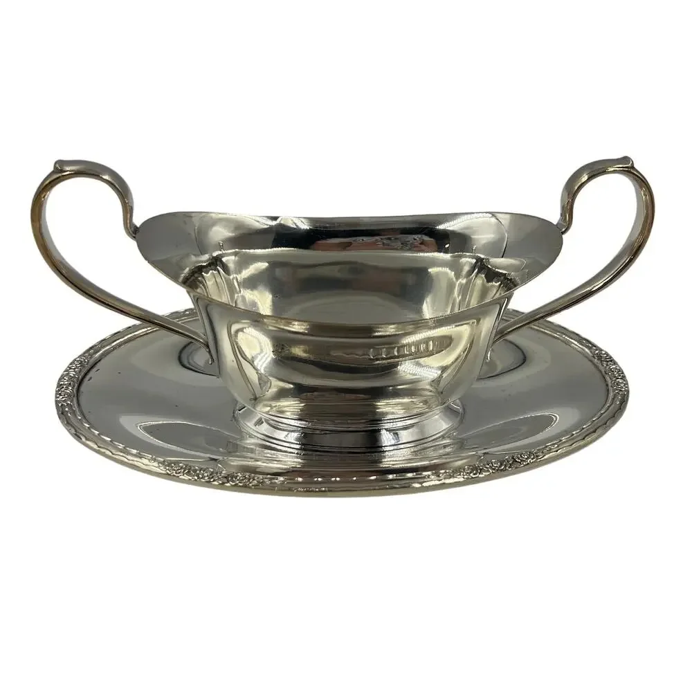 Vintage Camille Elegant Rose Pattern Under Plate Gravy‎ Boat Silver Plate 6013